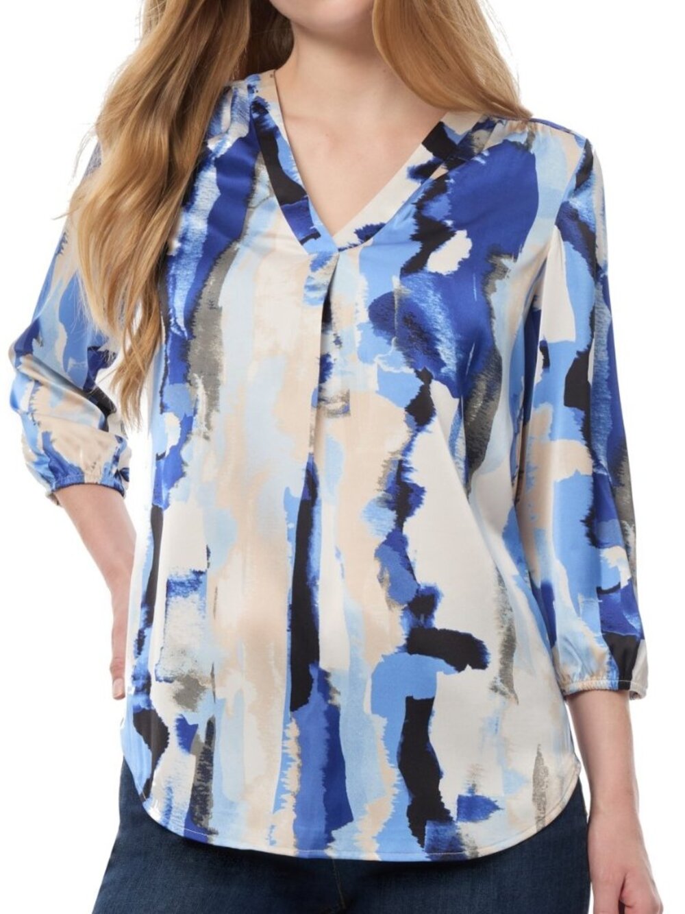 Jones New York Women's Size PS Abstract V-Neck 3/4 Sleeve Blue Blouse NEW
